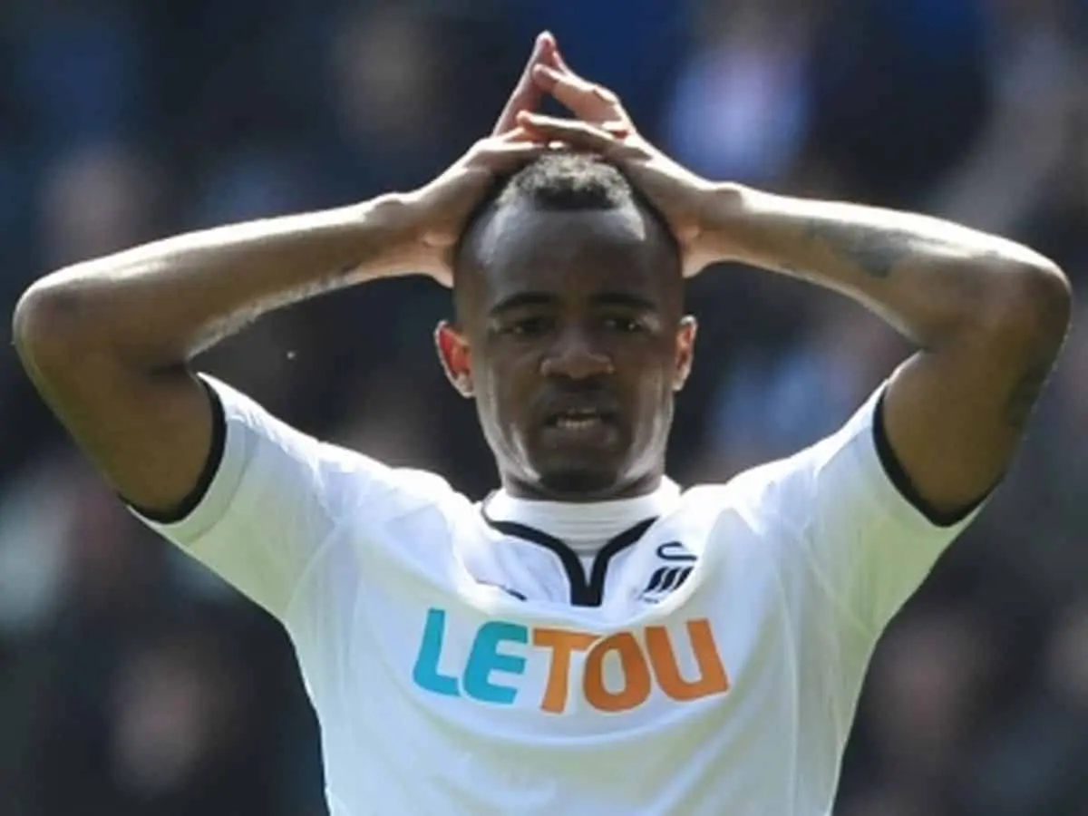 Swansea's slip into relegation did not speak well of the club's strikers including Ayew. Image Credit: Mirror.