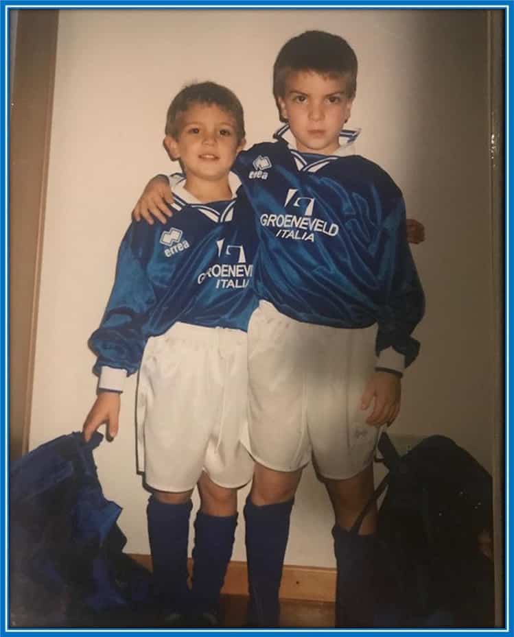 Little Manuel Locatelli (left) is pictured alongside his brother, Mattia. As children, both had a natural passion for football.