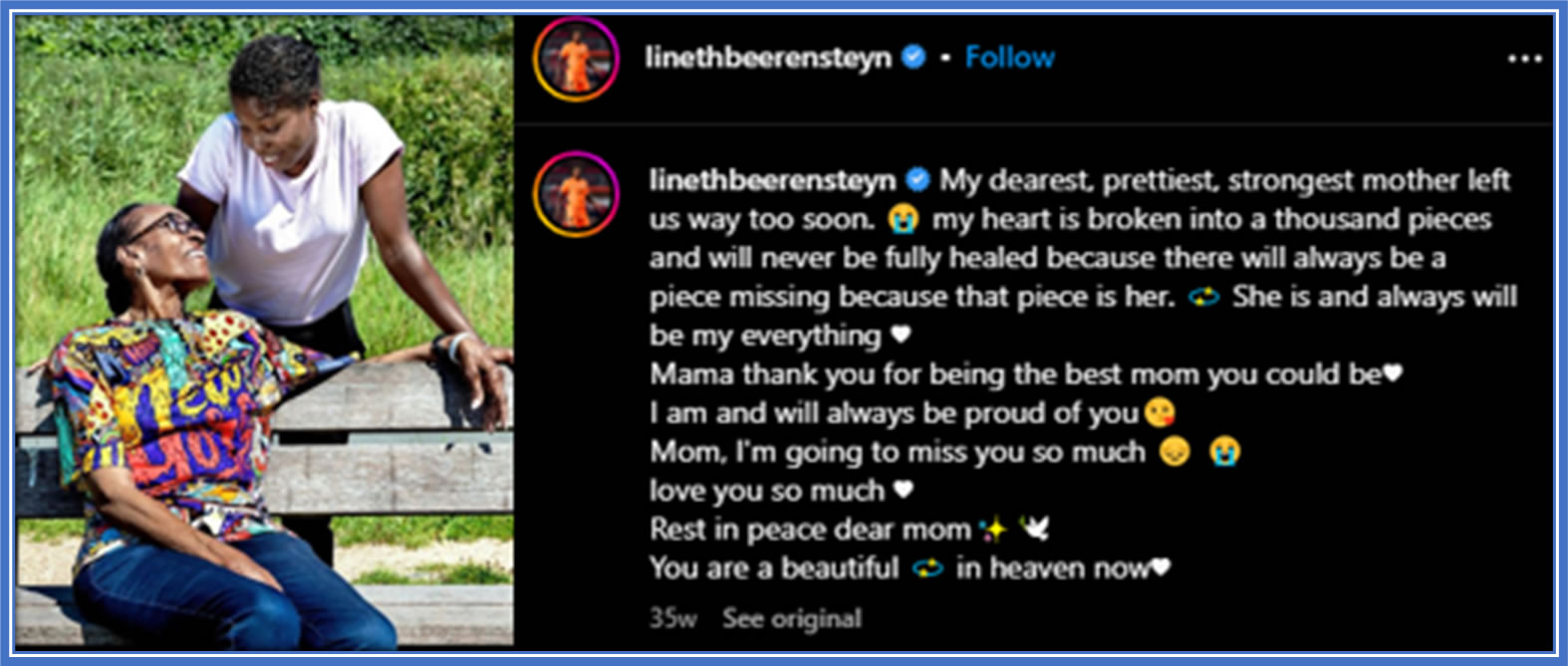 The athlete wrote a heart-touching attribute for her beloved mother. Source: Instagram.