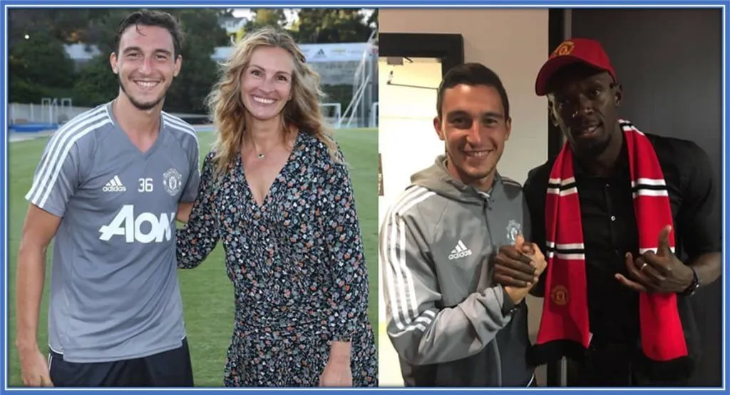 Darmian was fortunate to cross paths with these global icons - Julia Roberts and speed legend Usain Bolt - during their respective visits to Manchester United.