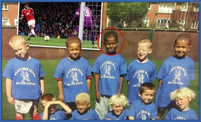 Little Rashford is pictured wearing the Goalkeeper's trousers, unlike his teammates.
