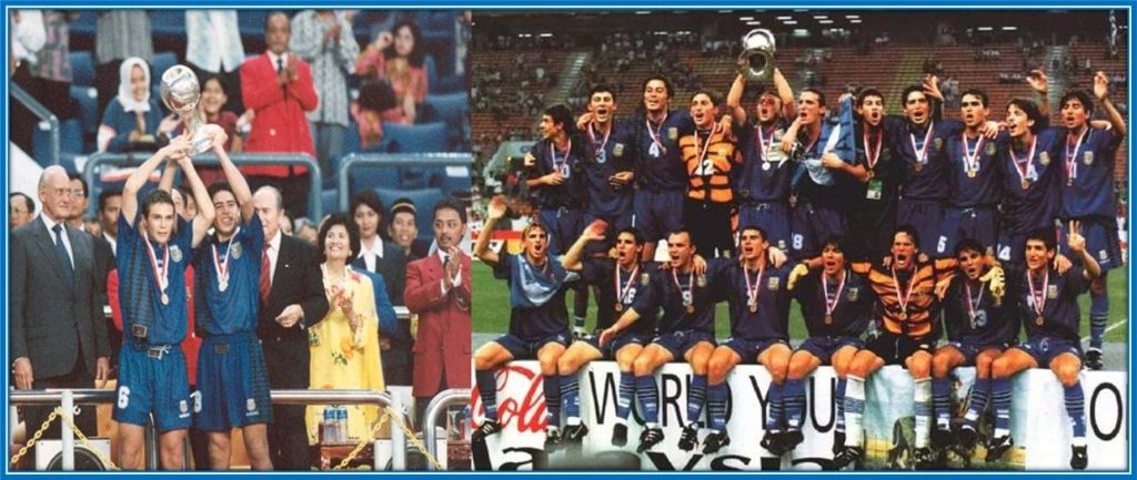 The Argentine team celebrating the 1997 FIFA World Youth Championship.