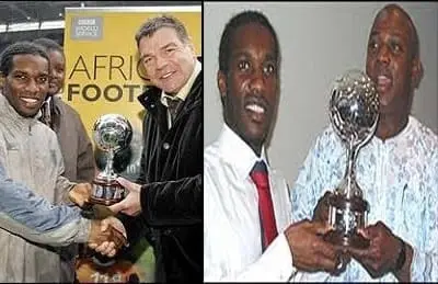 This is Jay Jay Okocha holding his BBC African Footballer of the Year award.