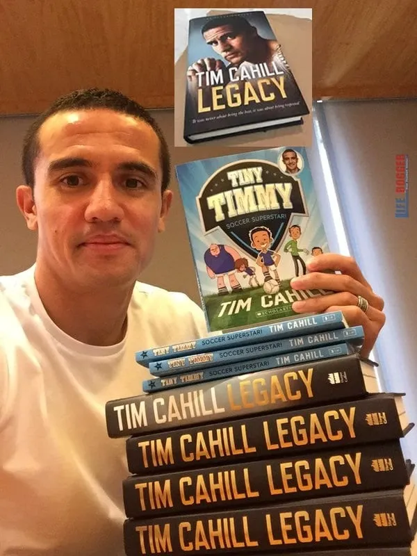 Tim Cahill advertising his books.