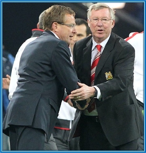 This is Ralf Rangnick, showing respect to Sir Alex Ferguson, a man who humbled his Gengenpressing.