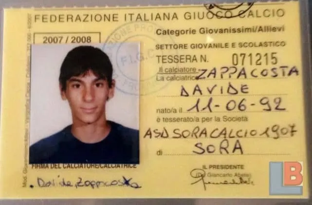 Young Davide Zappacosta's ID Card from his Childhood club.