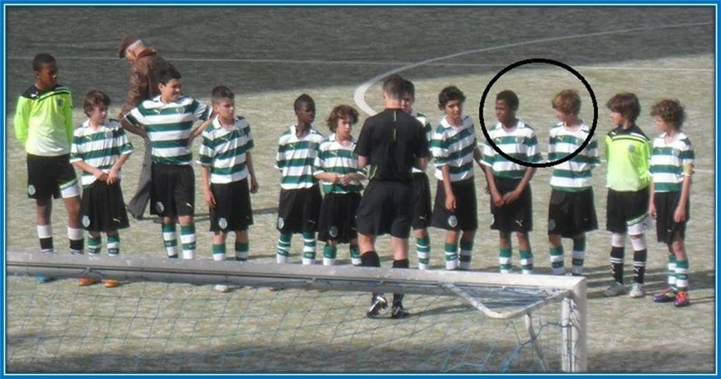Nuno Tavares is the fourth kid from the right, while Rafael Leao is the fifth kid from the left.