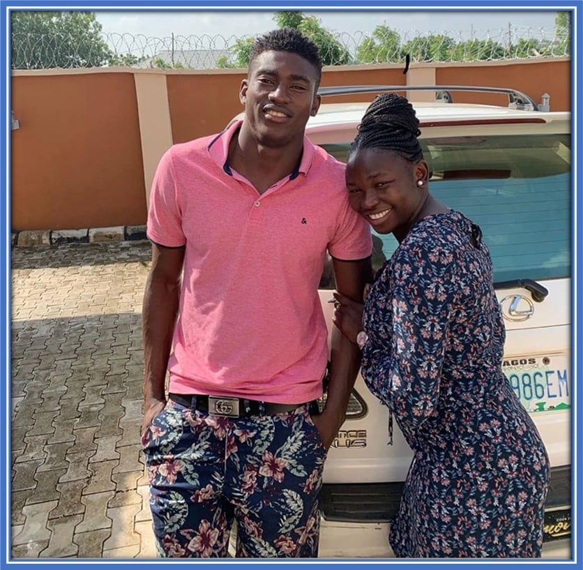 During one of his visits to his family home in Nigeria, Taiwo Awoniyi had this photo with his twin sister, Kehinde.
