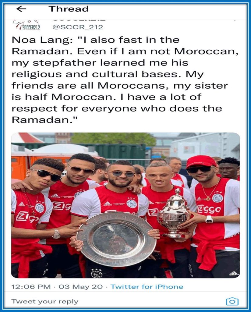 Noa Lang's post during the Islamic Ramadan fast on Twitter in 2020.