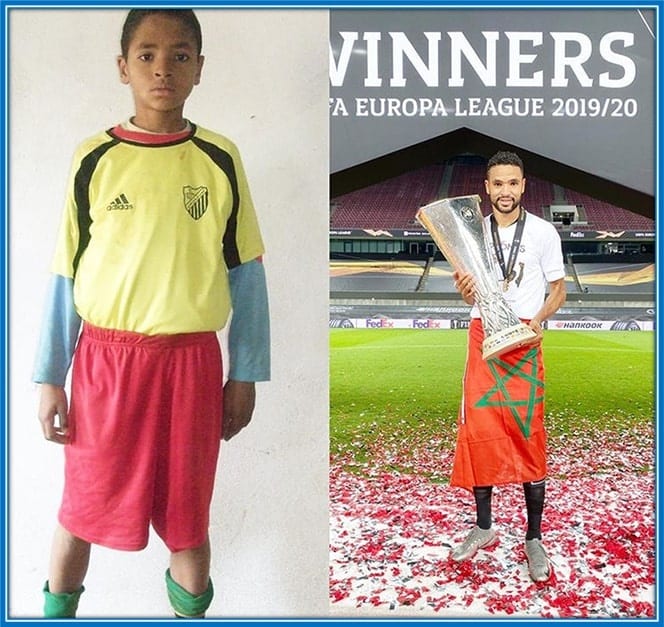 Al-Nusairi's start with football was not easy. He once published a picture of him in his childhood wearing modest sports clothes, along with another picture of the European League Cup.