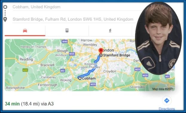 Conor Gallagher's family lived very close to Cobham - Chelsea FC training centre. It is 34 minutes away from Stamford Bridge.