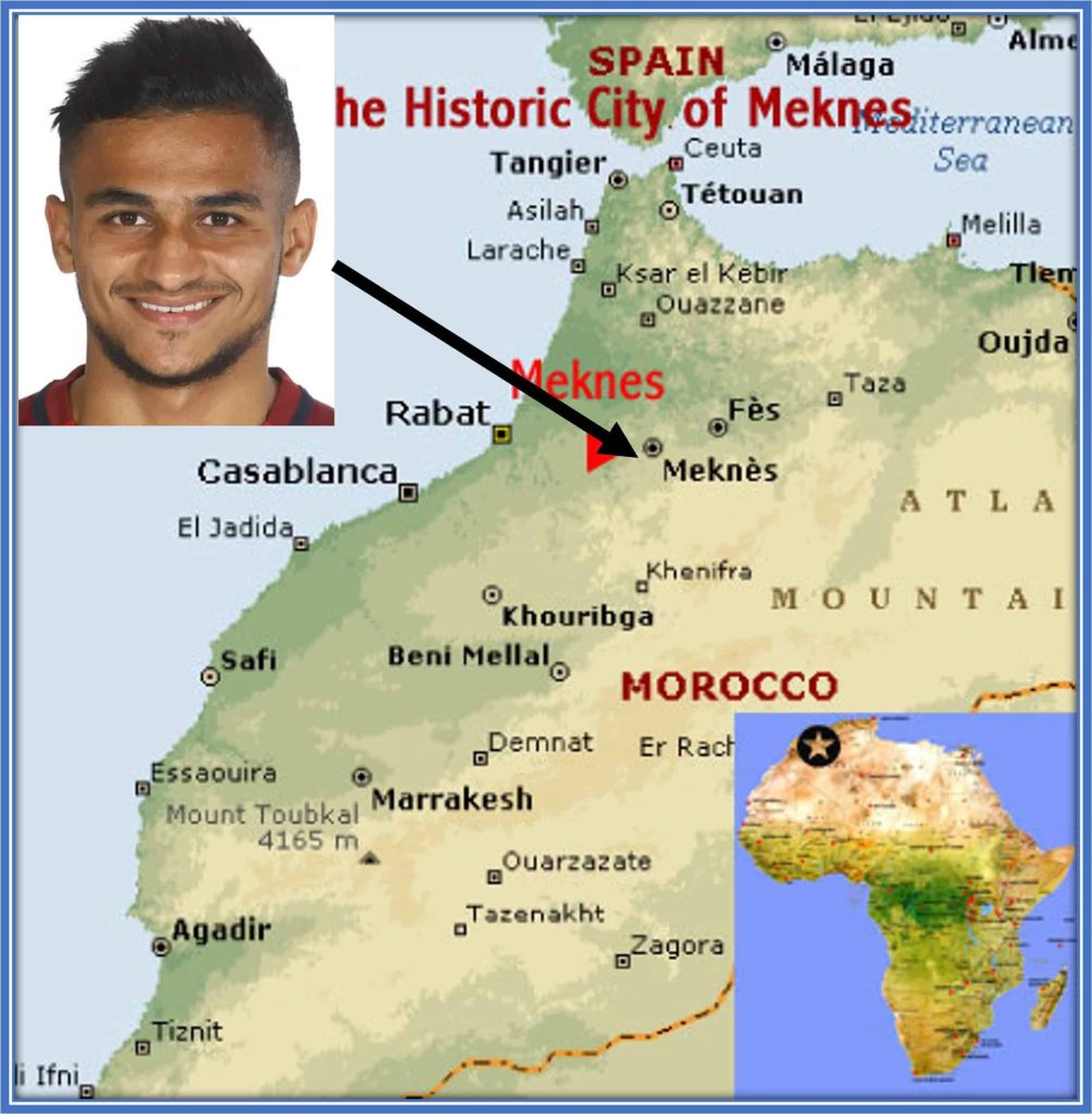 Map of Morocco pointing to his hometown.