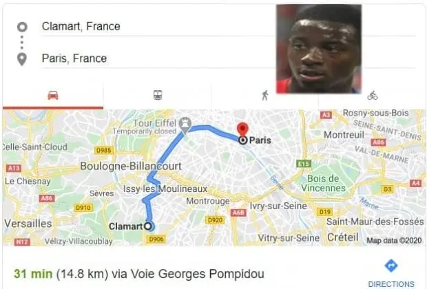 Jean-Philippe Mateta's parents settled in Clamart which is a 31-minute drive to Paris- Google Maps