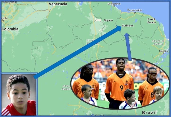 A map that explains where Ki-Jana Hoever's parents come from. These three legends are from Suriname.