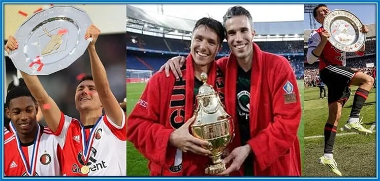 Robin's Triumph: Celebrating the KNVB Cup victory with Feyenoord alongside trusted teammates Tyrell Malacia and Steven Berghuis.