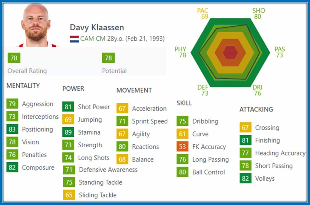 Positioning, Composure, Shot Power, Stamina, Finishing and Volleys are his most valuable assets.