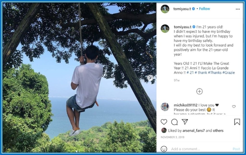 Unconventional Celebration: Takehiro Tomiyasu marks his 21st birthday in a unique and playful manner, opting for a treetop adventure to commemorate the special occasion.
