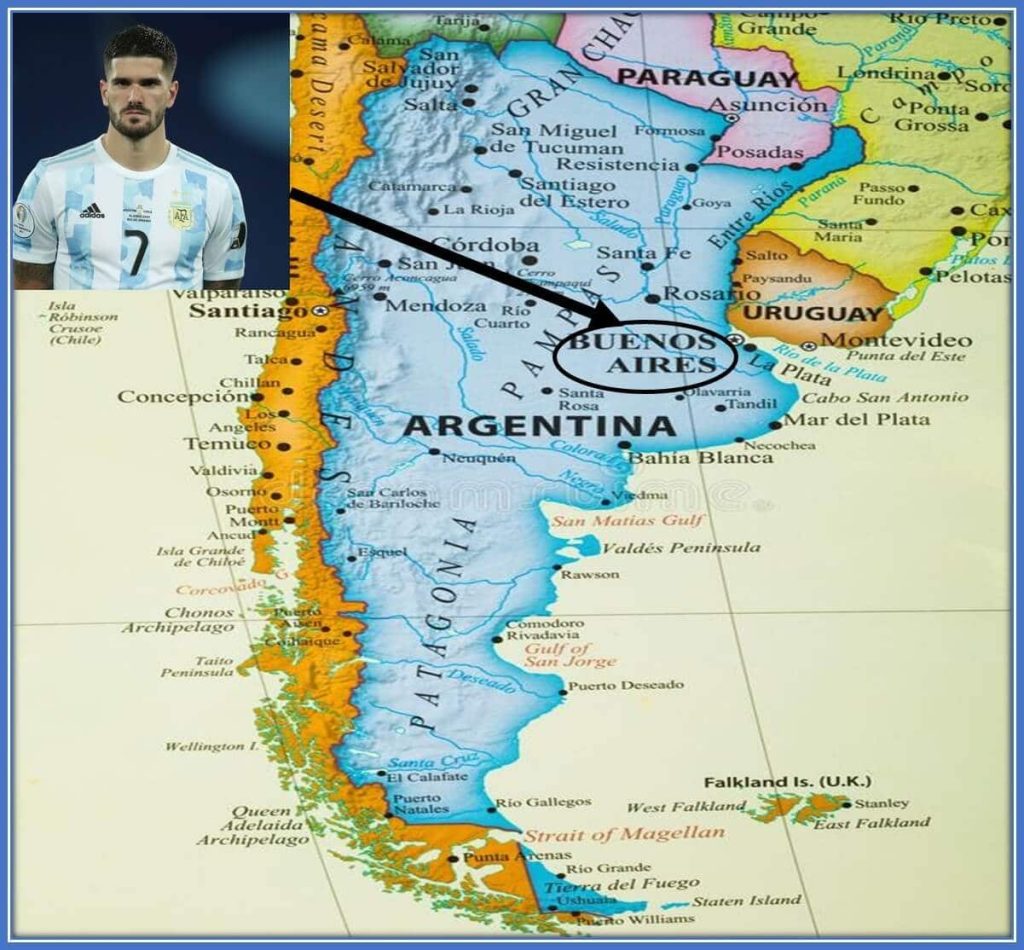 The map shows the province (Buenos Aires) where his hometown (Sarandi) is located.