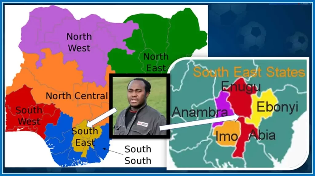 This map explains Noah Okafor's Family Origin from his father's side. Christian Okafor is from one of these Nigerian South Eastern States.