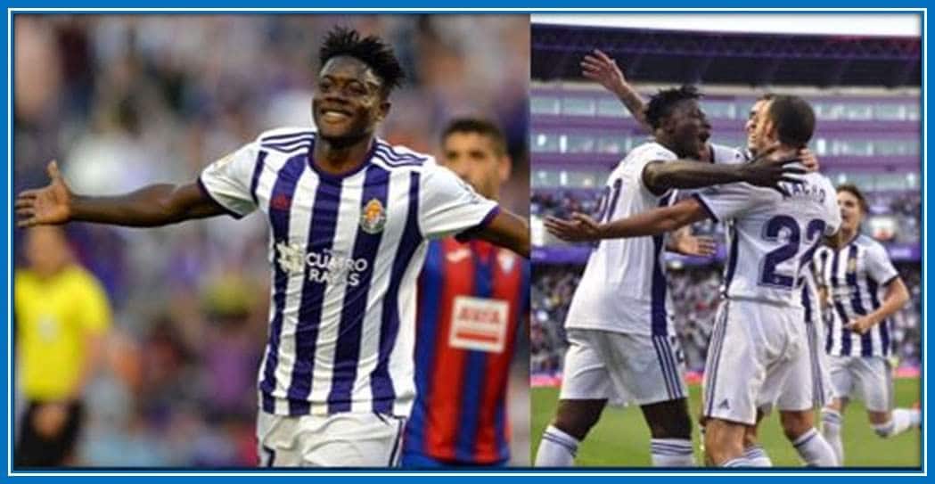 The Joyous Moment the Kumasi star is celebrating his first goal in the La Liga Valladolid Team.
