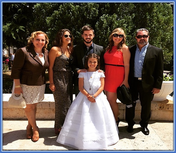 From right to left - Pablo Sarabia's Father, his immediate younger sister, his youngest sister, girlfriend (Carmen Mora), and Mother.