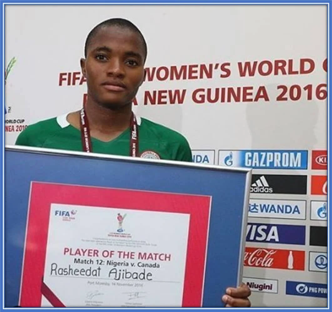 The striker won the FIFA U-20 Women's World Cup player of the Match in 2016. Image: Instagram/ rasheedatt10