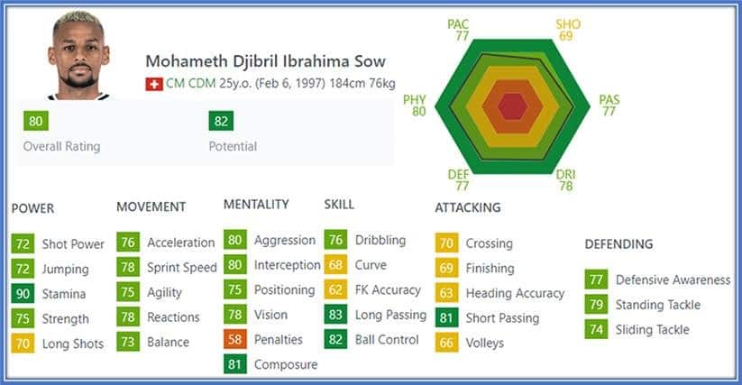 Stamina, Long Passing, Ball Control, Short Passing, and Composure are his most valuable assets.