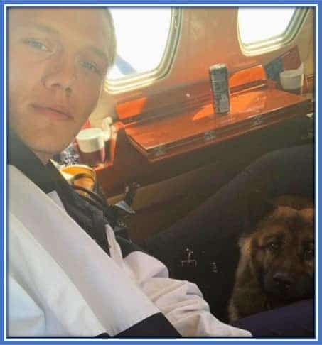 A rare photo of Vestergaard flying with his dog Brady.