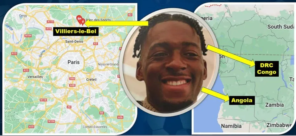 This map visualizes Axel Disasi Origins. He, who spent his childhood at Villiers-le-Bel is of Congolese and Angolan descent.