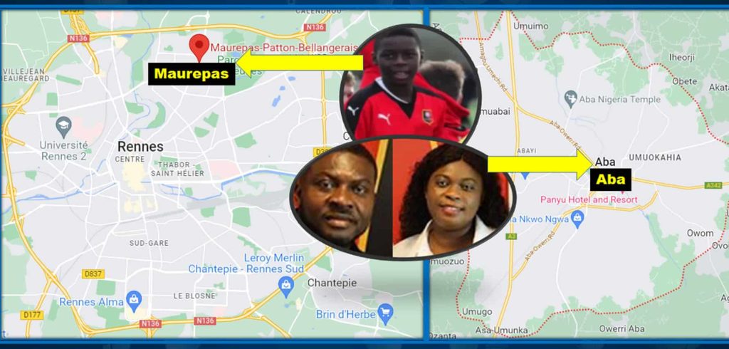 A map gallery showing Lesley Ugochukwu Family Origins and Heritage - Tracing his roots to Abia State, the southeastern region of Nigeria and the district of Maurepas in Rennes, France.