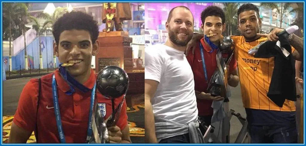 An excited Gibbs-White with Dad Kirk (far-right) and Wolverhampton Wanderers Academy Coach, Gareth Prosser. This photo was taken after his FIFA U-17 World Cup win.