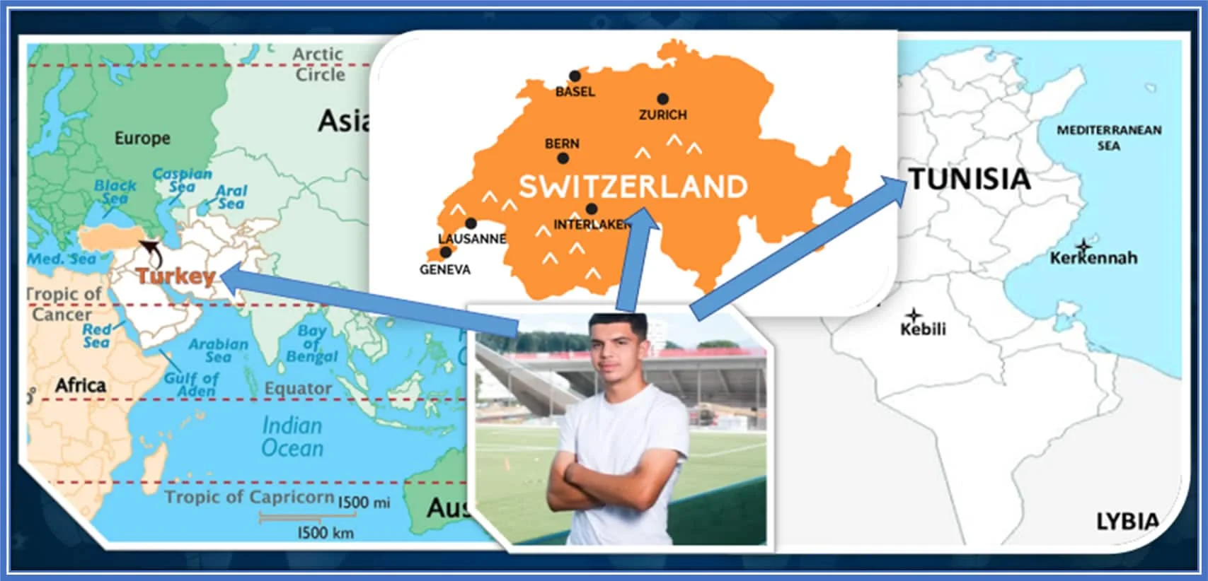 This map helps you understand Zeki Amdouni’s origin and where the Striker comes from. Image Credit: Railpass, Researchgate, 24heures and WorldAtlas.