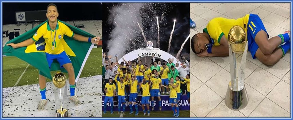 Angelo was part of the Brazilian youth team who won the 2019 South American U-15 Championship. In this snapshot, he is seen jubilantly resting beside his cherished trophy.