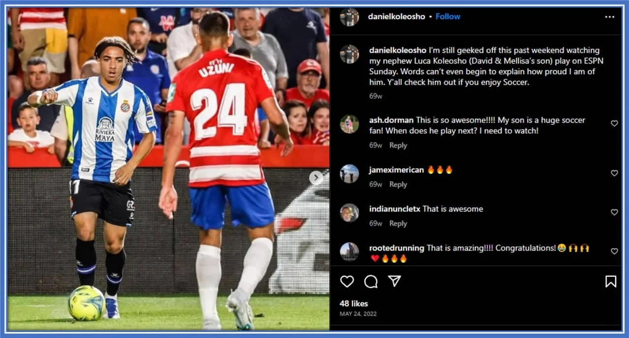 Uncle Daniel's heartfelt Instagram caption celebrates Luca's remarkable journey to football stardom, and it's a touching tribute. Credit: Instagram/danielkoleosho