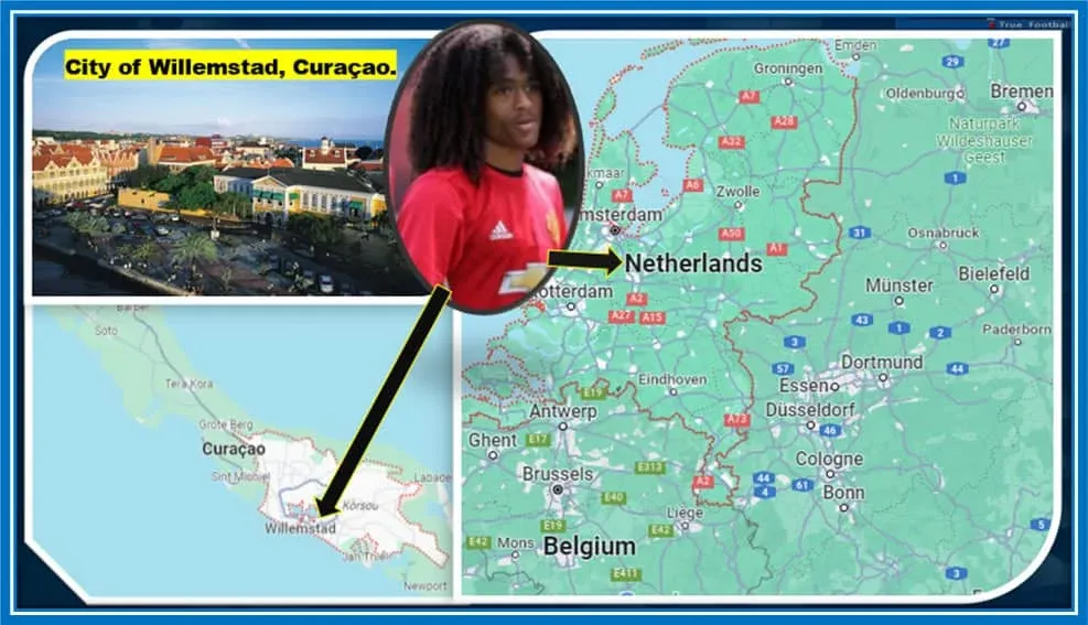 Unveiling the Map of Tahith Chong's Origin and the Land that Shaped a Winger's Destiny. Image Sources: Britannica, Google: Maps-Netherlands, Google: Maps-Willemstad, Instagram/tahithchong.