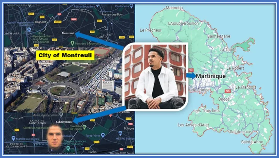 The Map helps you understand Warren Zaire-Emery’s nationality and family origin better. Image credit: La Tribune, Google Map/Aubervilliers, Google Map/Martinique, Google Map/Montreuil and Instagram/wzairemery6.