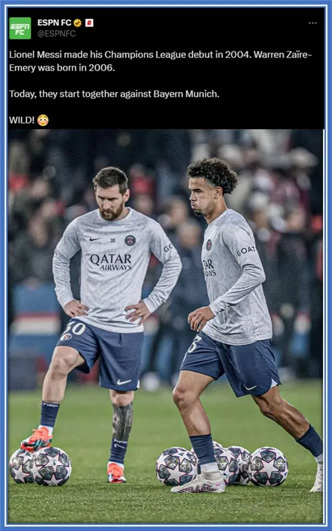 The photo here explains where Talent Meets Legacy: Emery takes the field with the legendary Messi, who debuted in the Championship before Warren came into the world. Image Source: Twitter/ESPN FC.