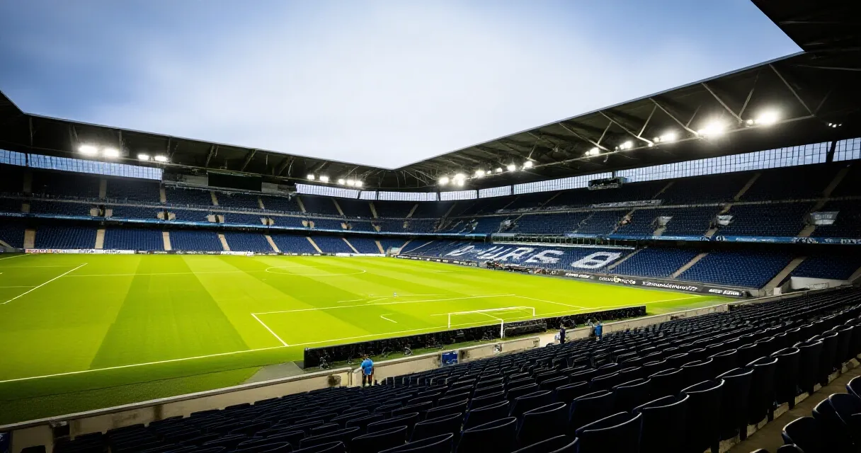 サッカー選手がスタジアムでピッチを見つめる夕景