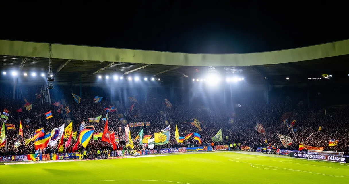 サッカースタジアムの夜景、ファンが応援する様子