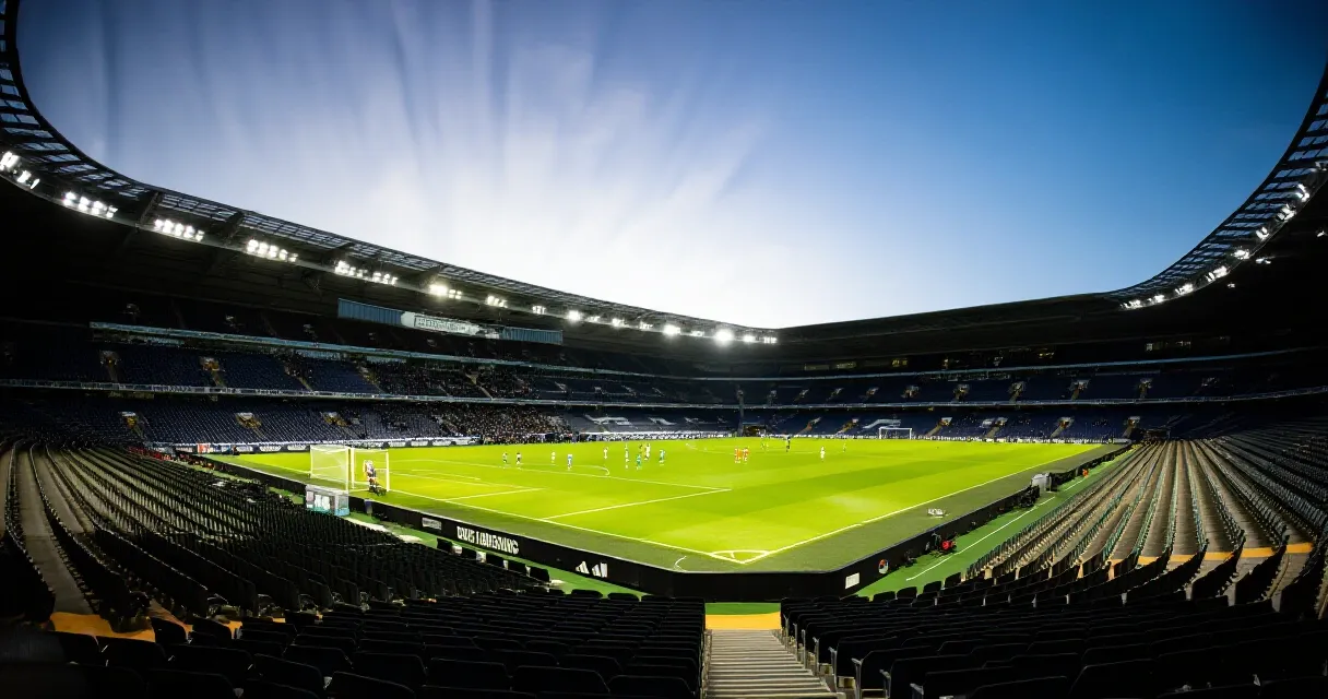 Voetballer alleen op leeg stadionveld bij avondlicht