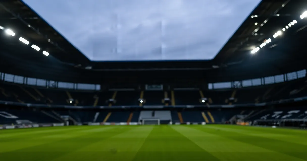 Iconic football stadium at sunset with empty green pitch and dramatic sky