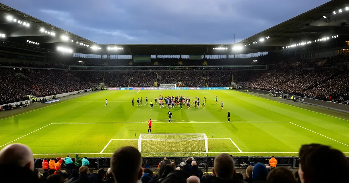 Football player warming up on stadium pitch under floodlights
