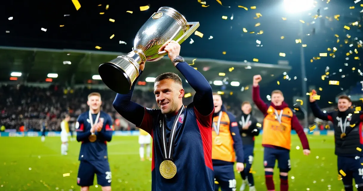 Football captain lifting trophy in stadium with confetti celebration