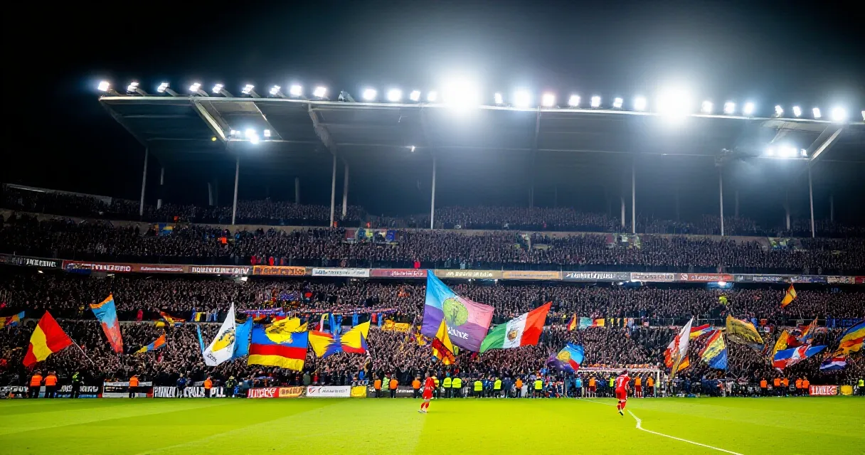 Jugador del Valencia CF en acci&oacute;n bajo las luces de Mestalla con la grada llena