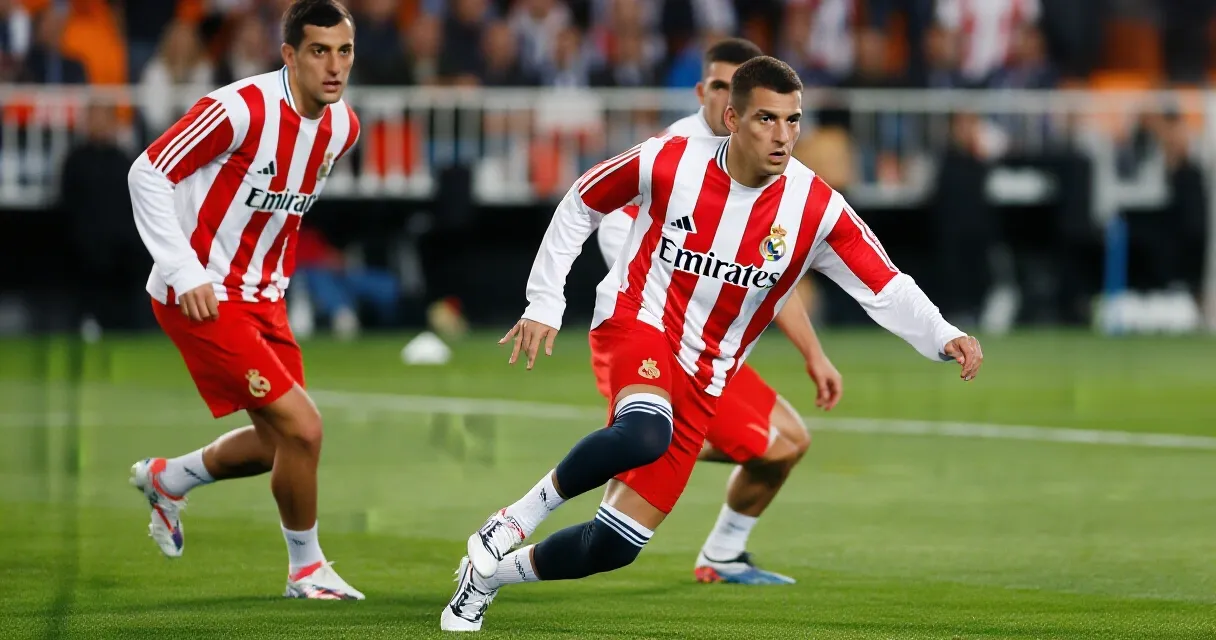 Argentine defender training at Atletico de Madrid facilities, red and white kit