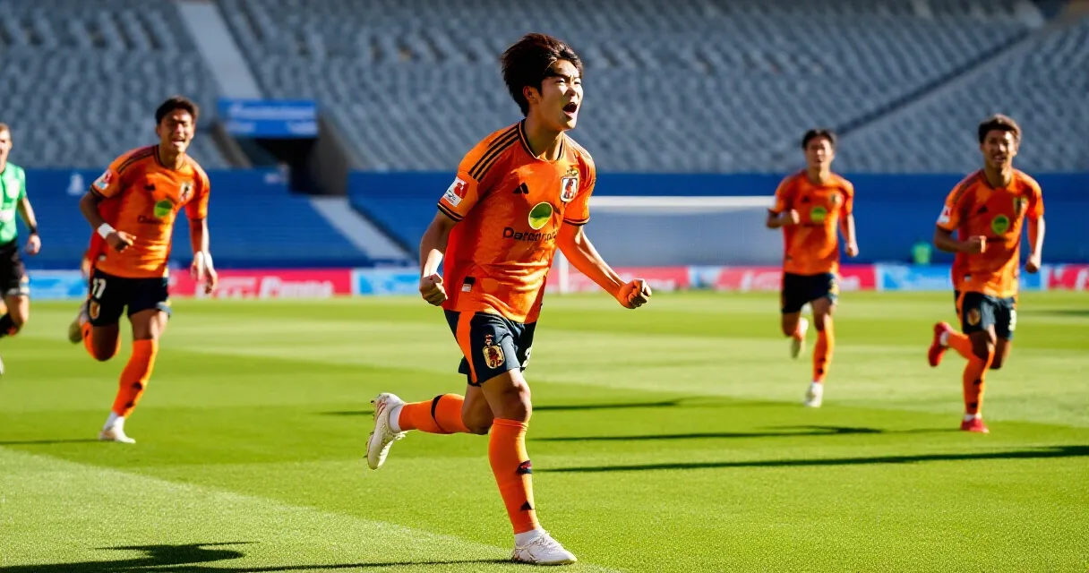 Japanese footballer celebrating a preseason goal in Spain, orange kit, sunny day
