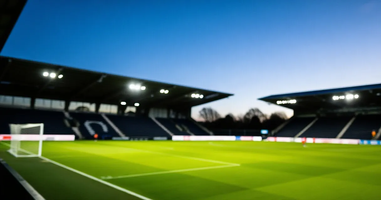 Professional football stadium at dusk with green pitch under floodlights