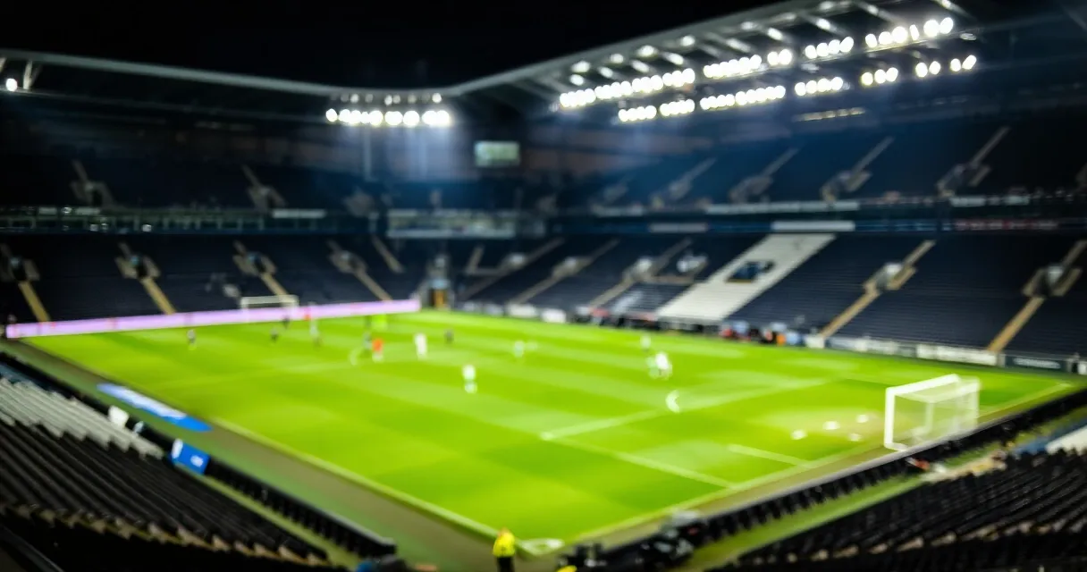 Empty football stadium after match with security personnel on pitch, floodlights on