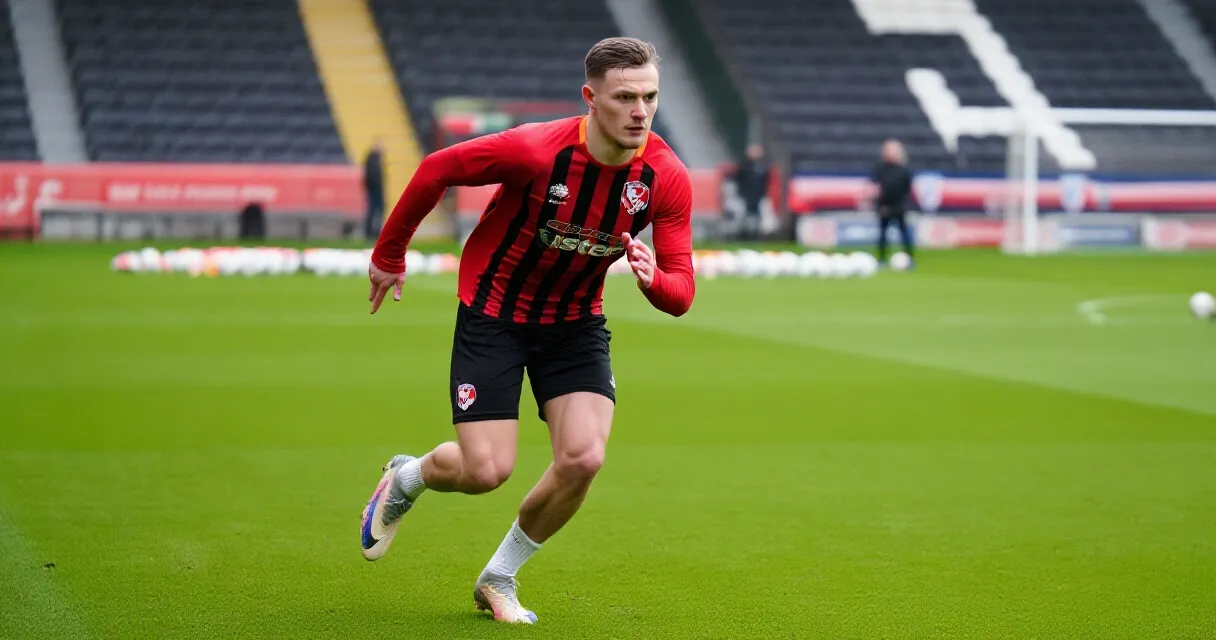 Footballer in red and black jersey sprinting on training pitch