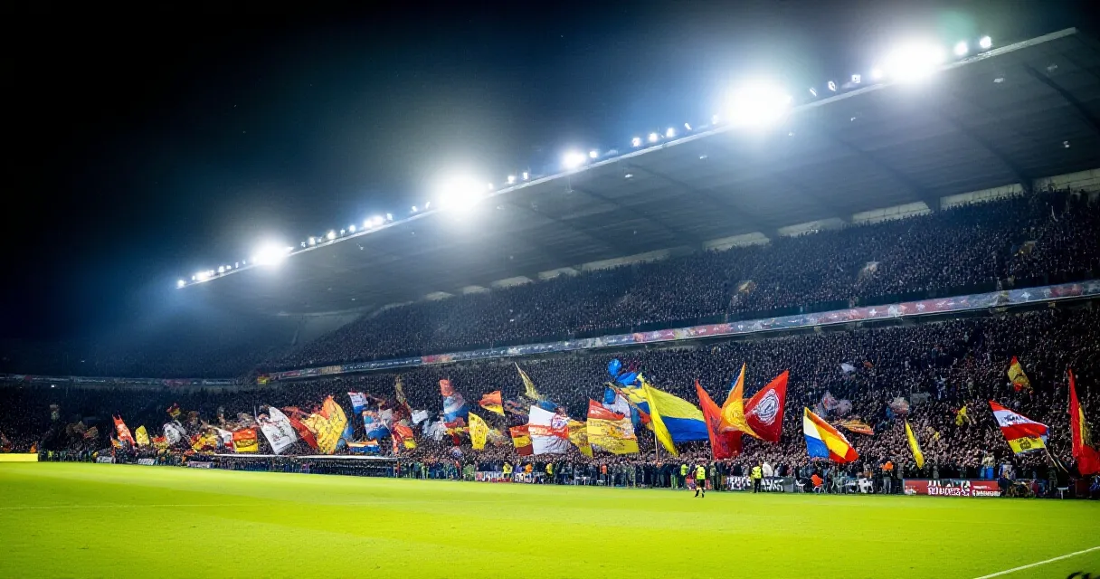 Dutch winger in action at a packed Premier League stadium under floodlights